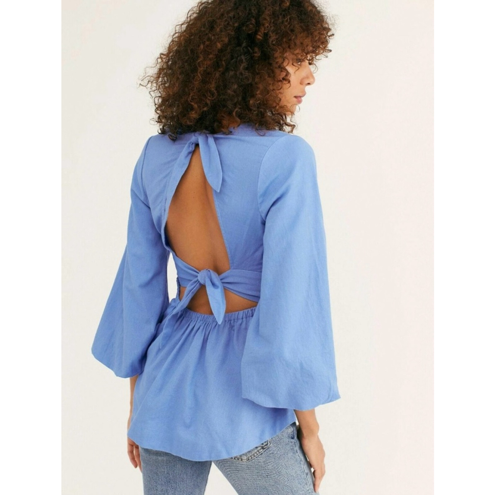 Free People Forever Chasing The Sun Blouse Top Blue Cotton/Linen Blend